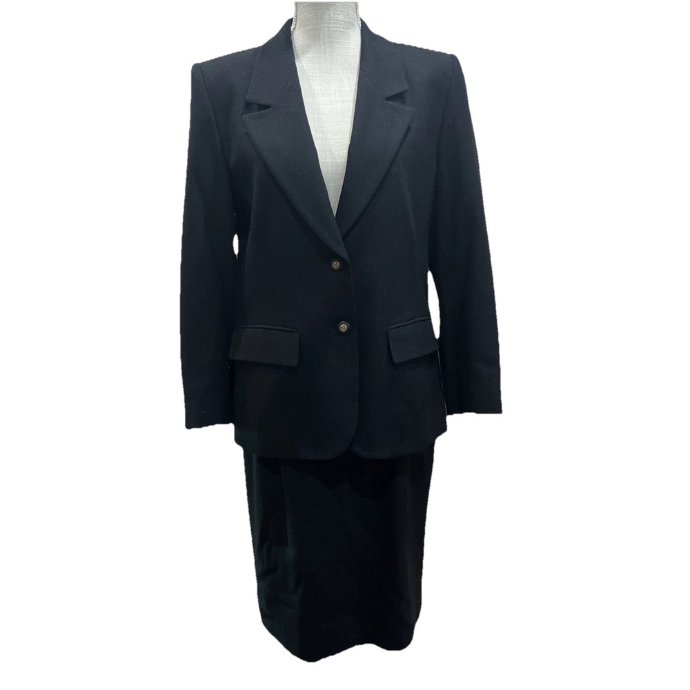 Pendleton Vintage Virgin Wool Black 2 Pc Skirt Suit Set Blazer 6/8 Petite USA 90